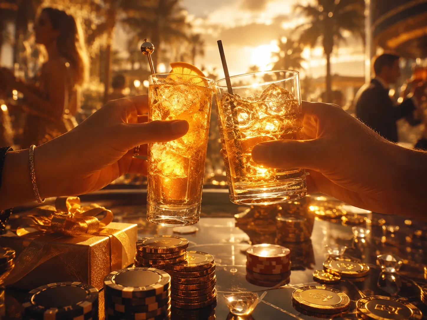 Golden casino bonus celebration with cocktails