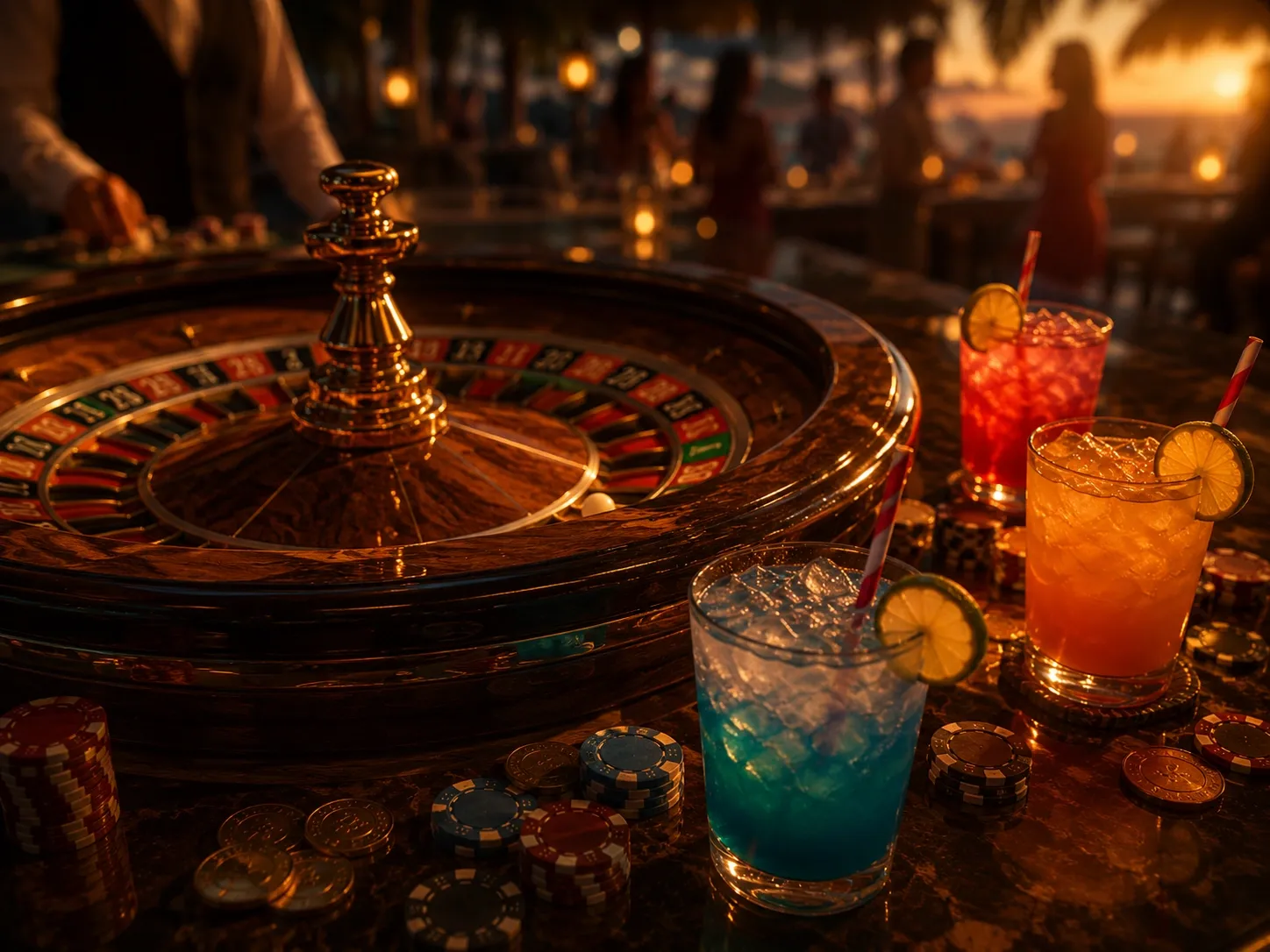 Luxury roulette table cocktails casino chips golden evening